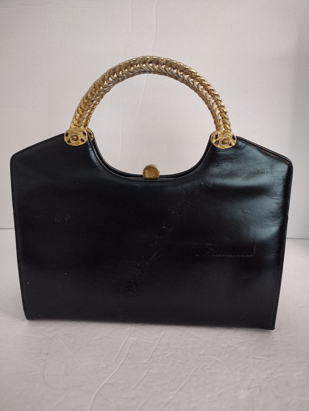 Vintage 1950s Black Leather Top Handle Handbag Gold Woven Handle Cocktail Bag - Picture 8 of 14